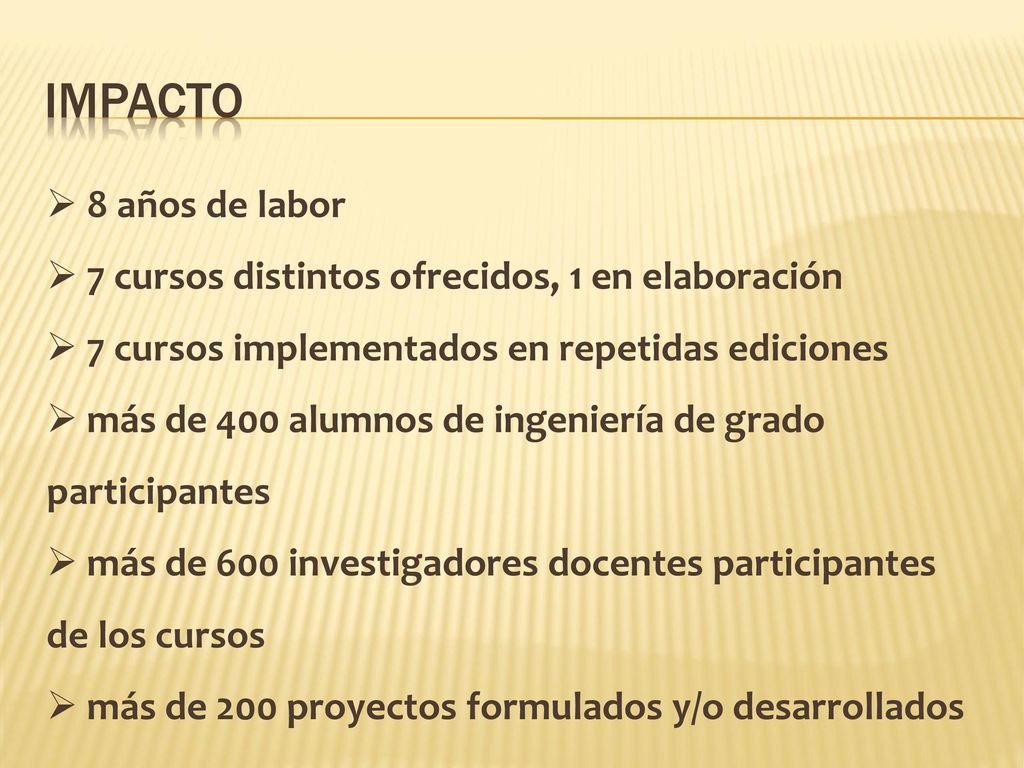 Impacto 8 años de labor 7 cursos distintos ofrecidos, 1 en elaboración