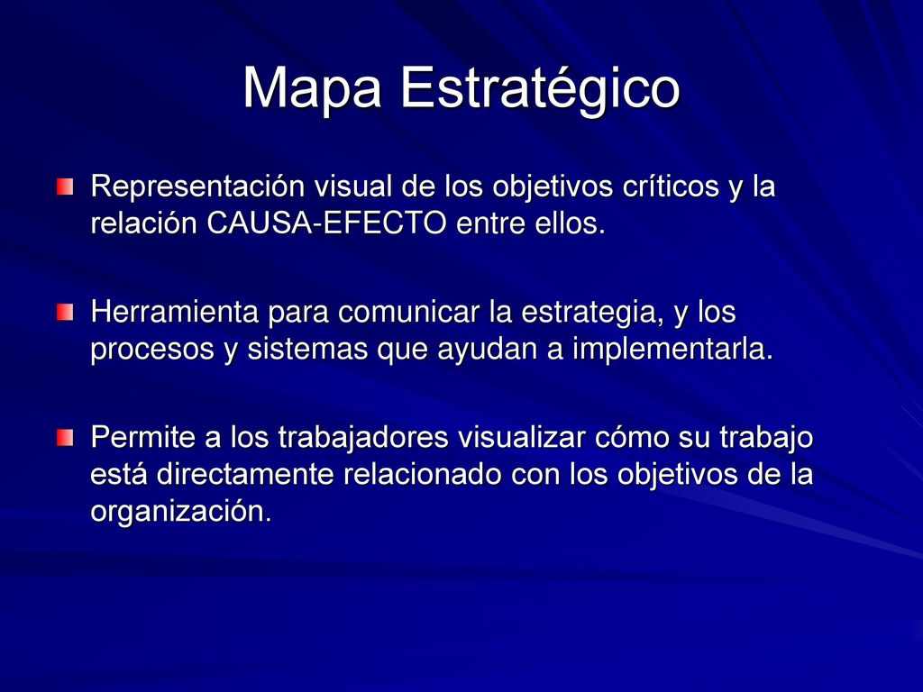 Mapa Estratégico Representación visual de los objetivos críticos y la relación CAUSA-EFECTO entre ellos.