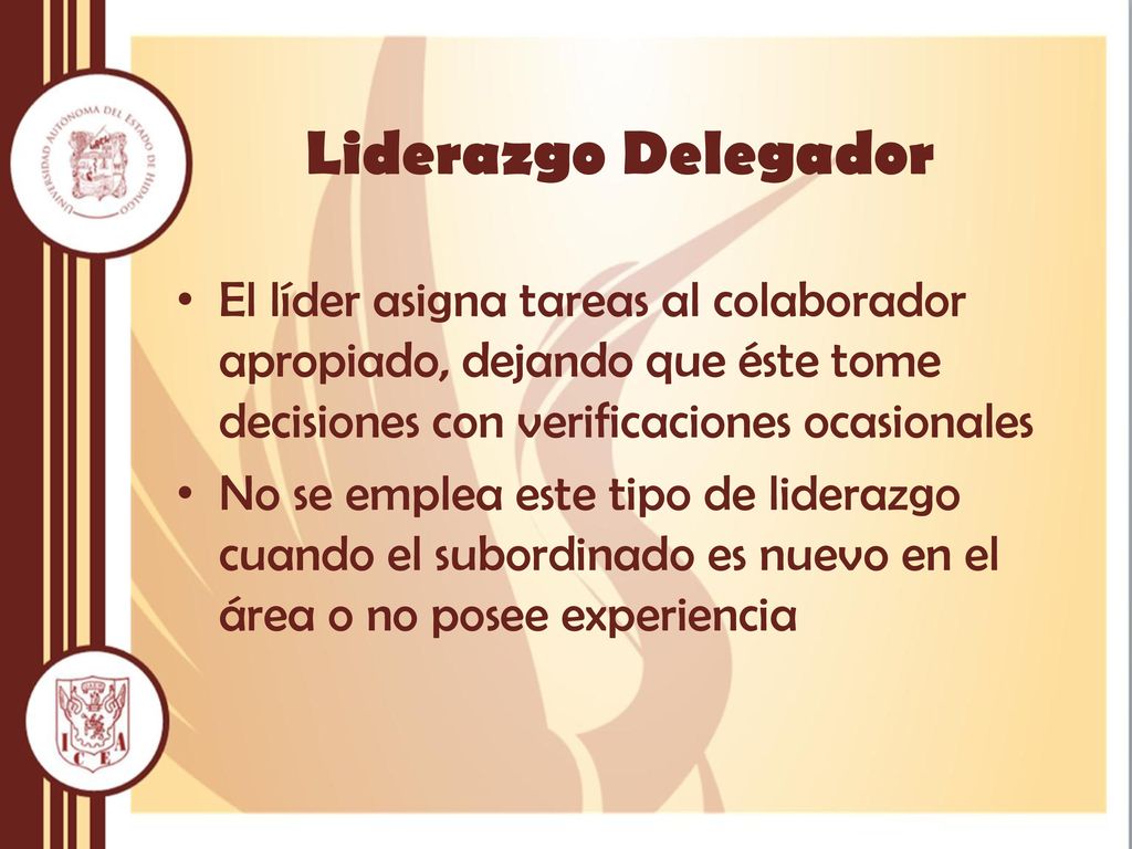 Liderazgo Delegador El líder asigna tareas al colaborador apropiado, dejando que éste tome decisiones con verificaciones ocasionales.