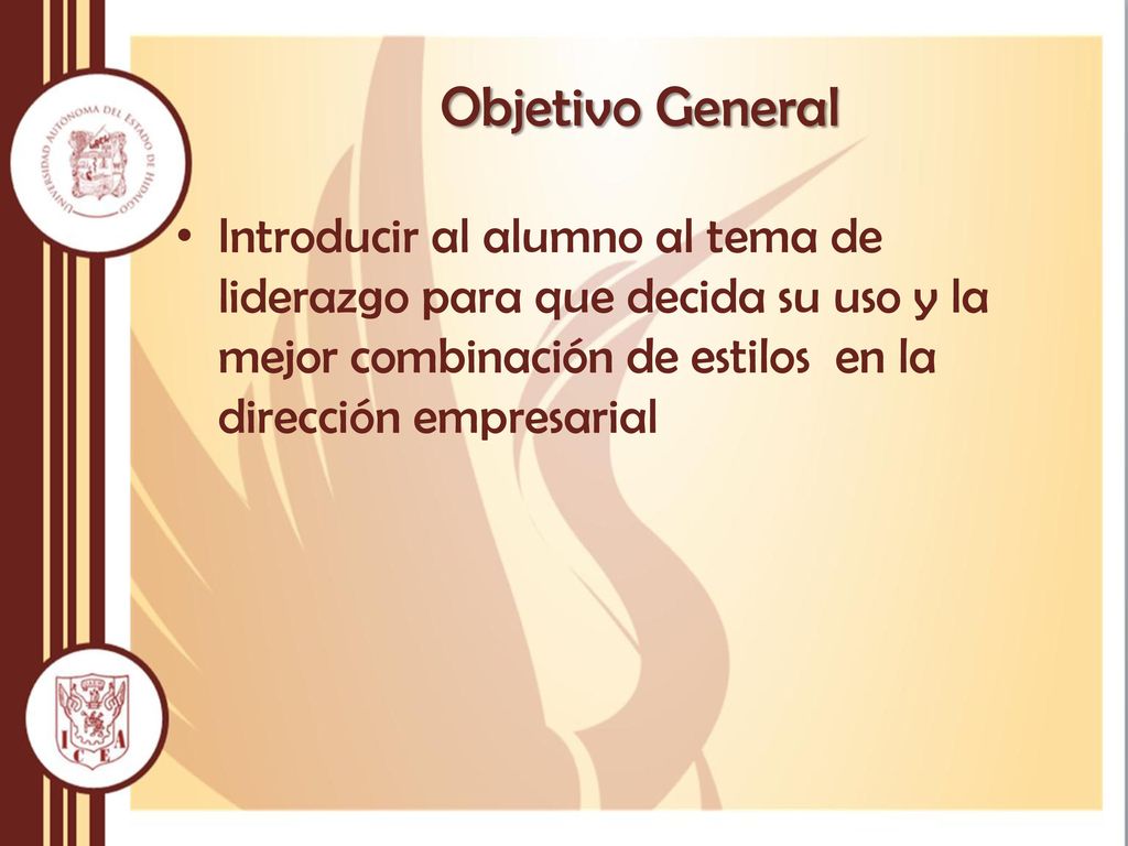 Objetivo General Introducir al alumno al tema de liderazgo para que decida su uso y la mejor combinación de estilos en la dirección empresarial.