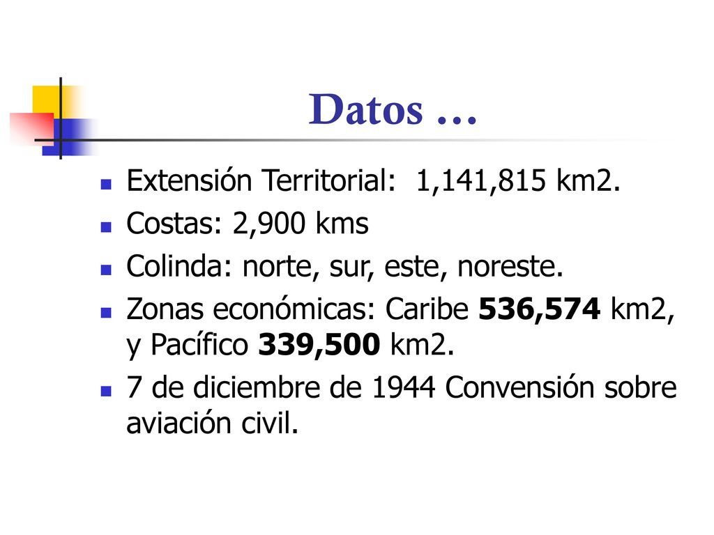 Datos ... Extensión Territorial: 1,141,815 km2. Costas: 2,900 kms