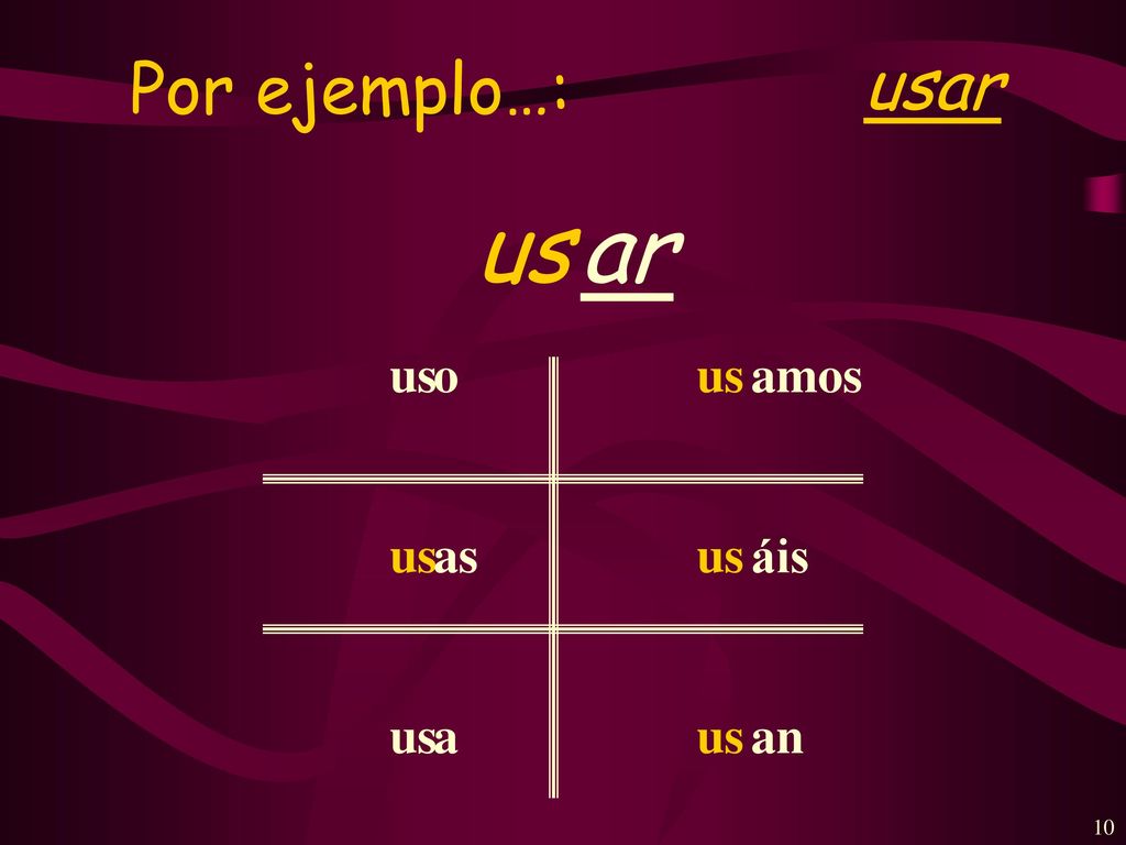 Por ejemplo…: usar us ar us o as a amos áis an