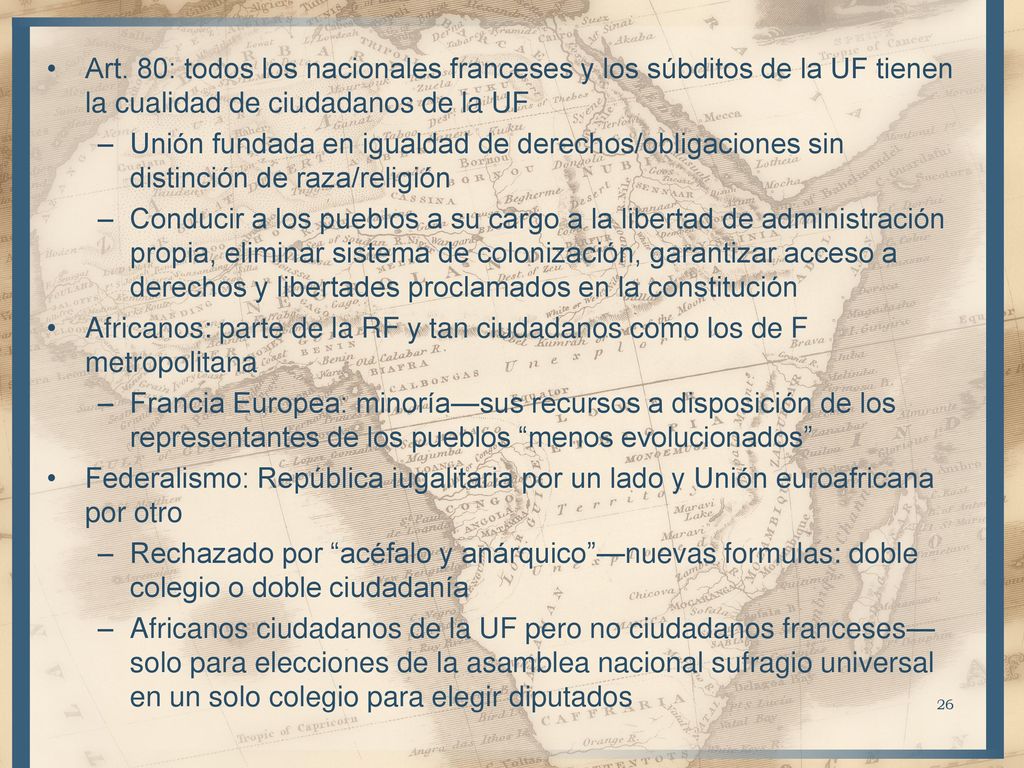 Art. 80: todos los nacionales franceses y los súbditos de la UF tienen la cualidad de ciudadanos de la UF