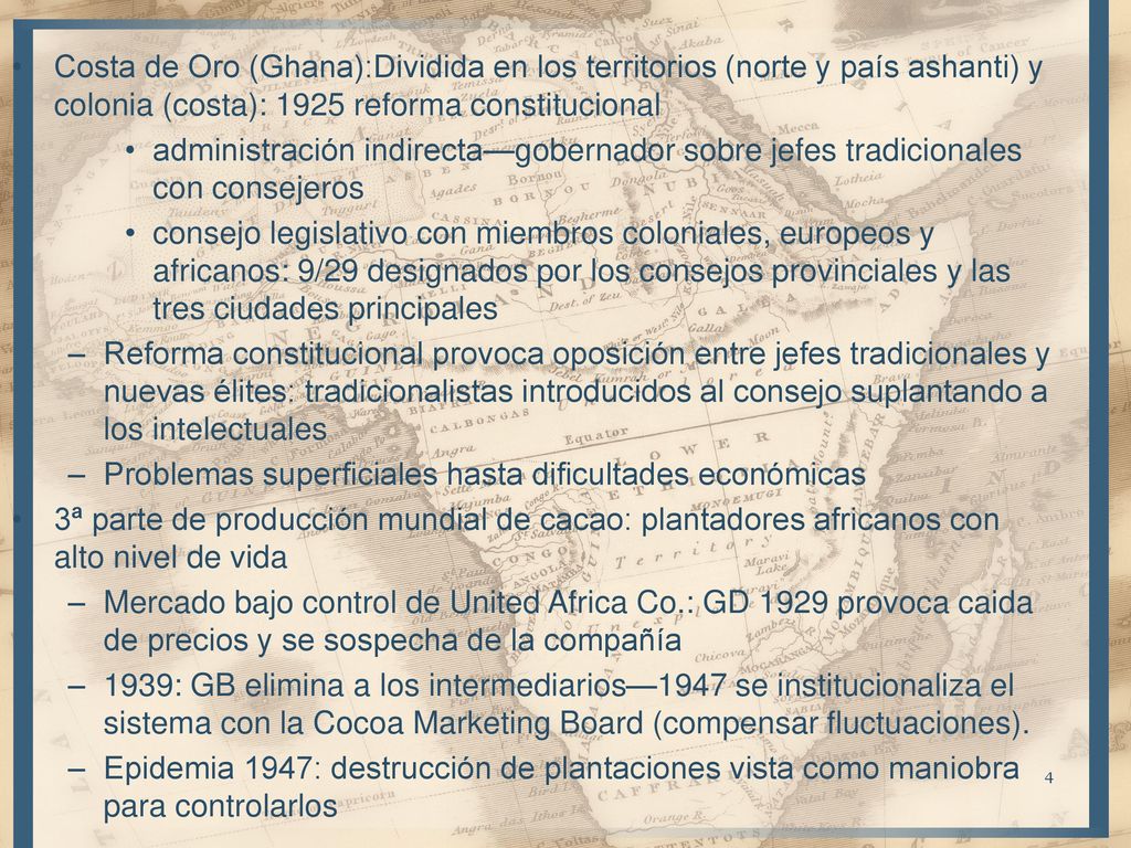 Costa de Oro (Ghana):Dividida en los territorios (norte y país ashanti) y colonia (costa): 1925 reforma constitucional