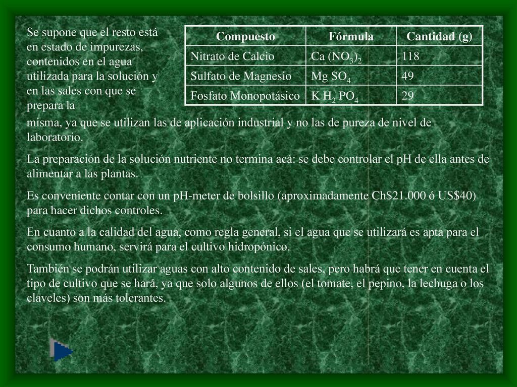 Se supone que el resto está en estado de impurezas, contenidos en el agua utilizada para la solución y en las sales con que se prepara la