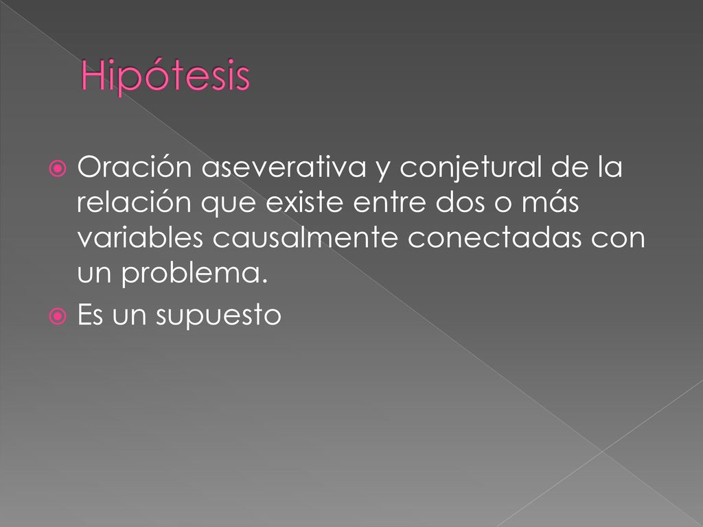 Hipótesis Oración aseverativa y conjetural de la relación que existe entre dos o más variables causalmente conectadas con un problema.
