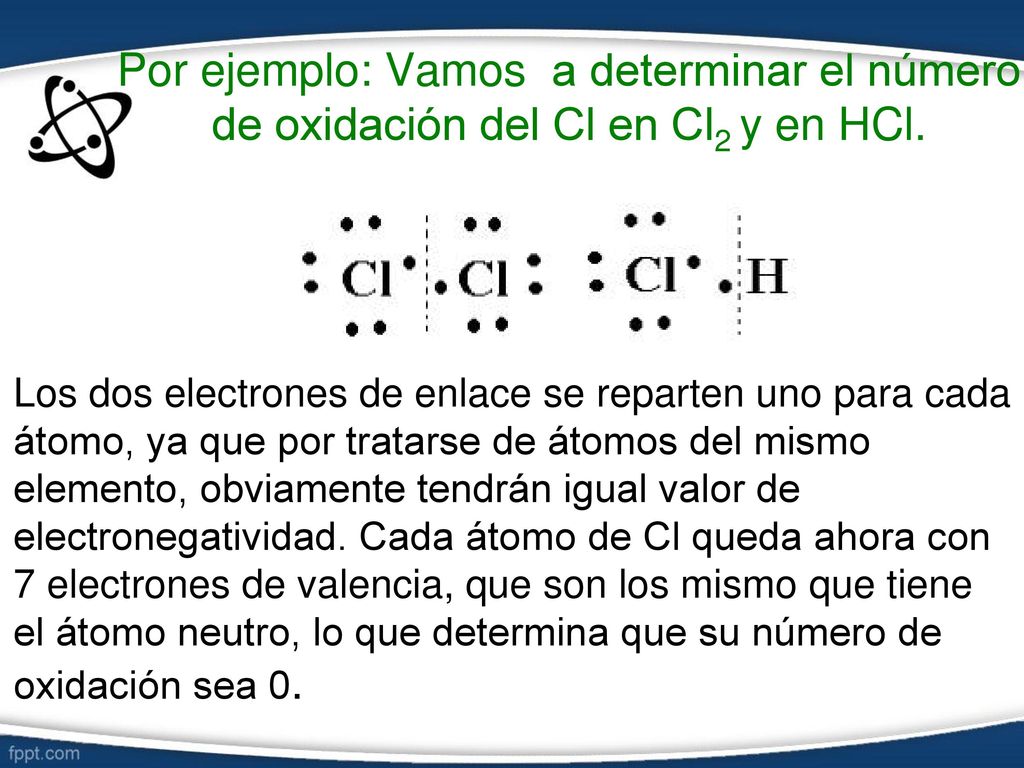 Por ejemplo: Vamos a determinar el número de oxidación del Cl en Cl2 y en HCl.