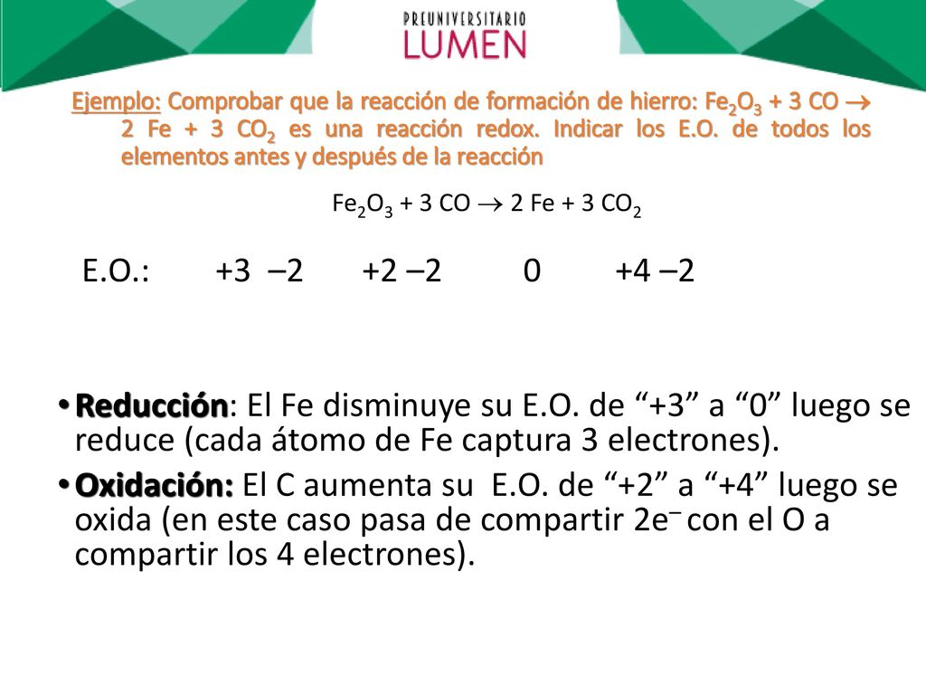 Ejemplo: Comprobar que la reacción de formación de hierro: Fe2O3 + 3 CO  2 Fe + 3 CO2 es una reacción redox. Indicar los E.O. de todos los elementos antes y después de la reacción