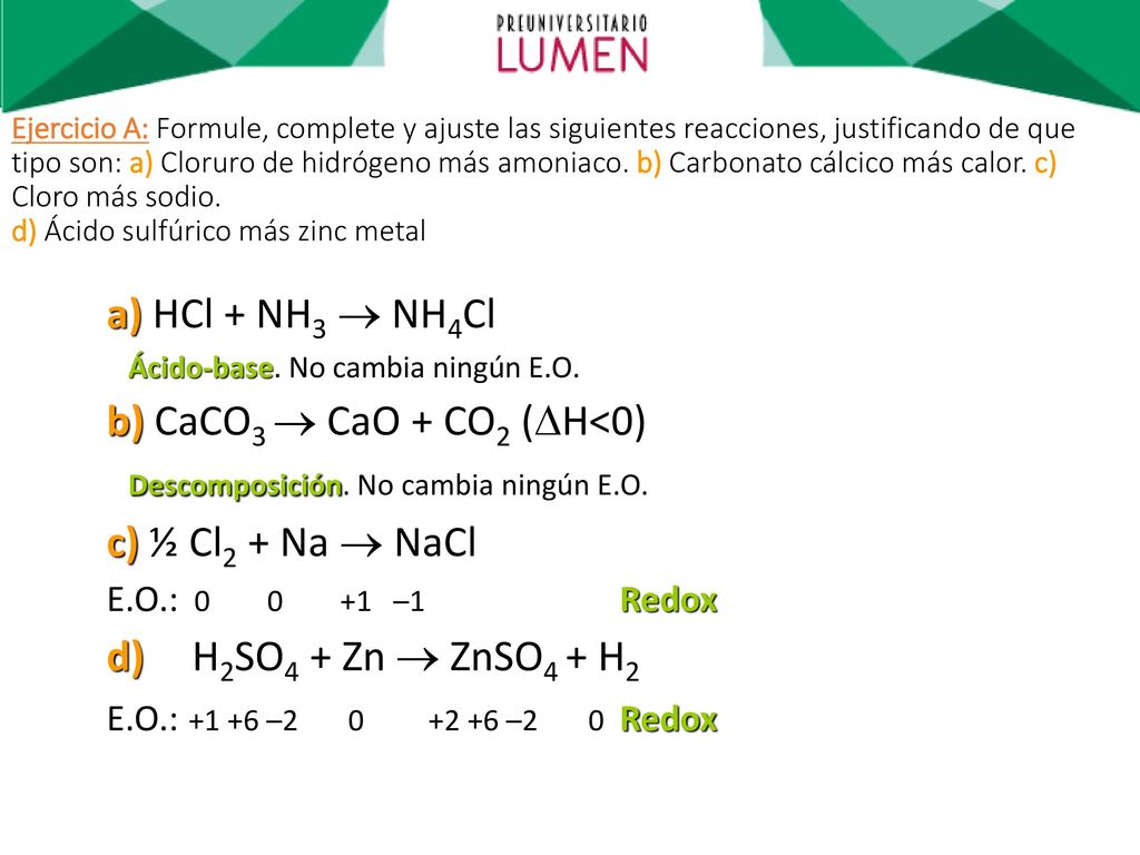 b) CaCO3  CaO + CO2 (H<0) Descomposición. No cambia ningún E.O.