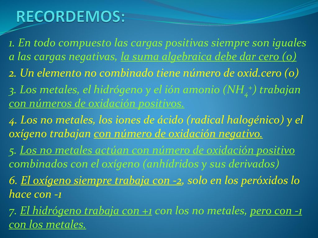 RECORDEMOS: 1. En todo compuesto las cargas positivas siempre son iguales a las cargas negativas, la suma algebraica debe dar cero (0)