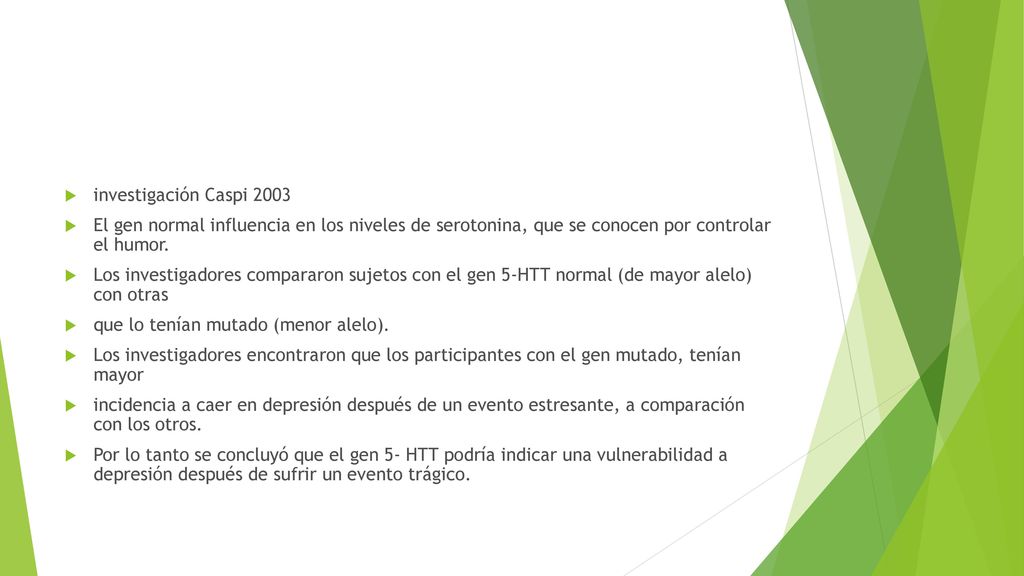investigación Caspi 2003 El gen normal influencia en los niveles de serotonina, que se conocen por controlar el humor.