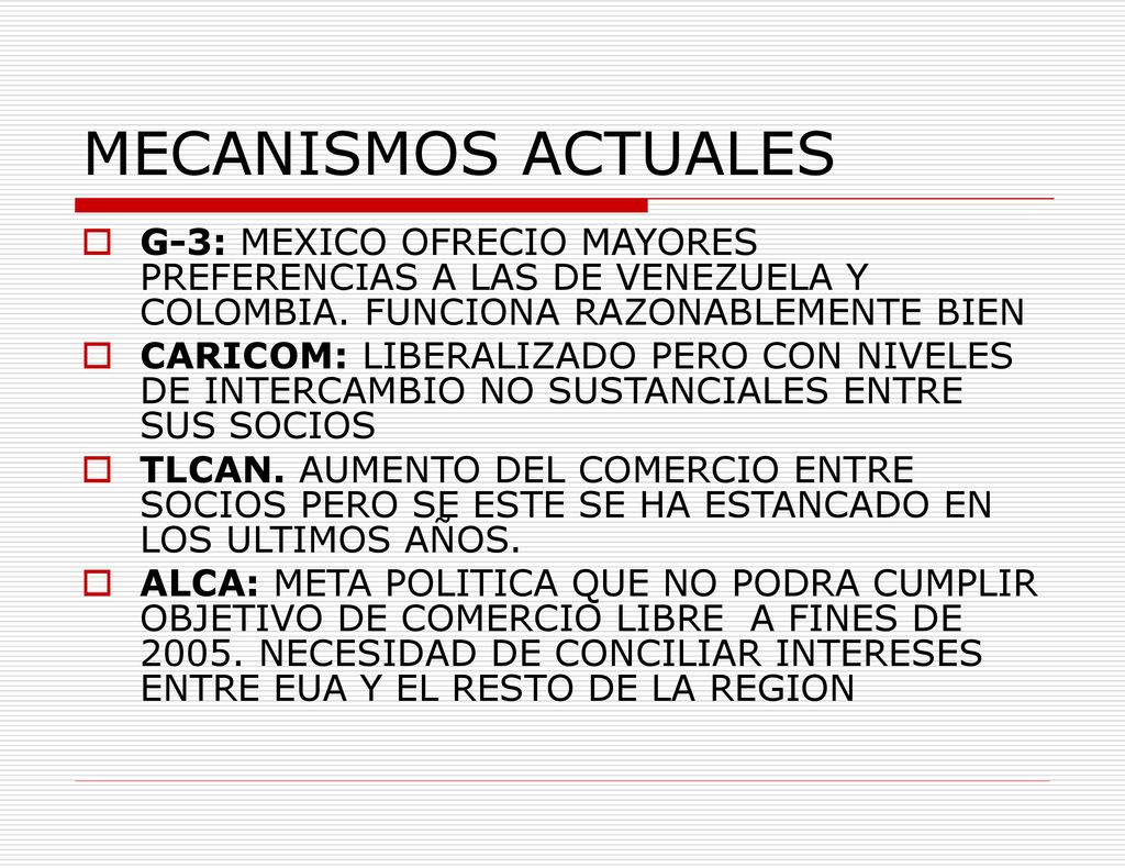 MECANISMOS ACTUALES G-3: MEXICO OFRECIO MAYORES PREFERENCIAS A LAS DE VENEZUELA Y COLOMBIA. FUNCIONA RAZONABLEMENTE BIEN.