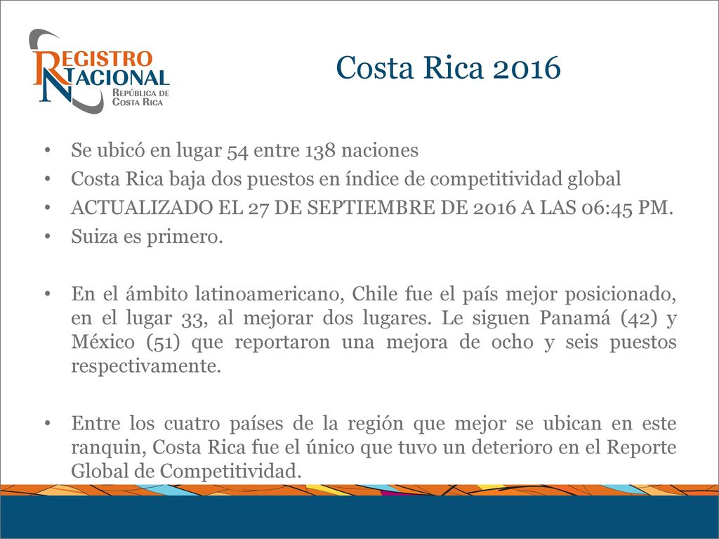 Costa Rica 2016 Se ubicó en lugar 54 entre 138 naciones
