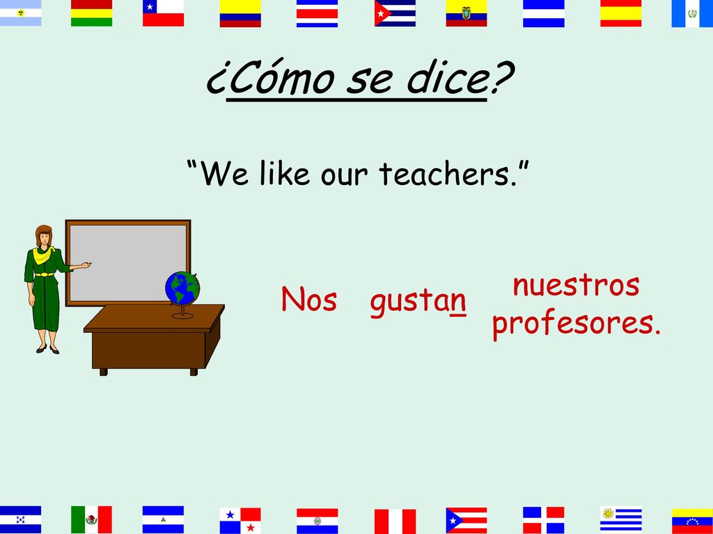 ¿Cómo se dice We like our teachers. nuestros profesores. Nos gustan