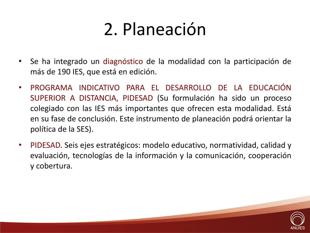 2. Planeación Se ha integrado un diagnóstico de la modalidad con la participación de más de 190 IES, que está en edición.