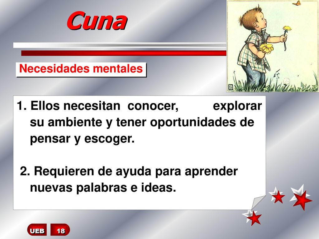 Cuna Necesidades mentales. 1. Ellos necesitan conocer, explorar su ambiente y tener oportunidades de pensar y escoger.