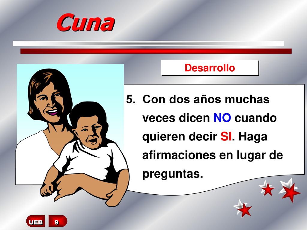 Cuna Desarrollo. 5. Con dos años muchas veces dicen NO cuando quieren decir SI. Haga afirmaciones en lugar de preguntas.