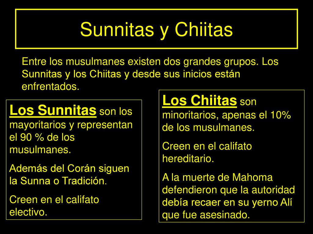 Sunnitas y Chiitas Entre los musulmanes existen dos grandes grupos. Los Sunnitas y los Chiitas y desde sus inicios están enfrentados.