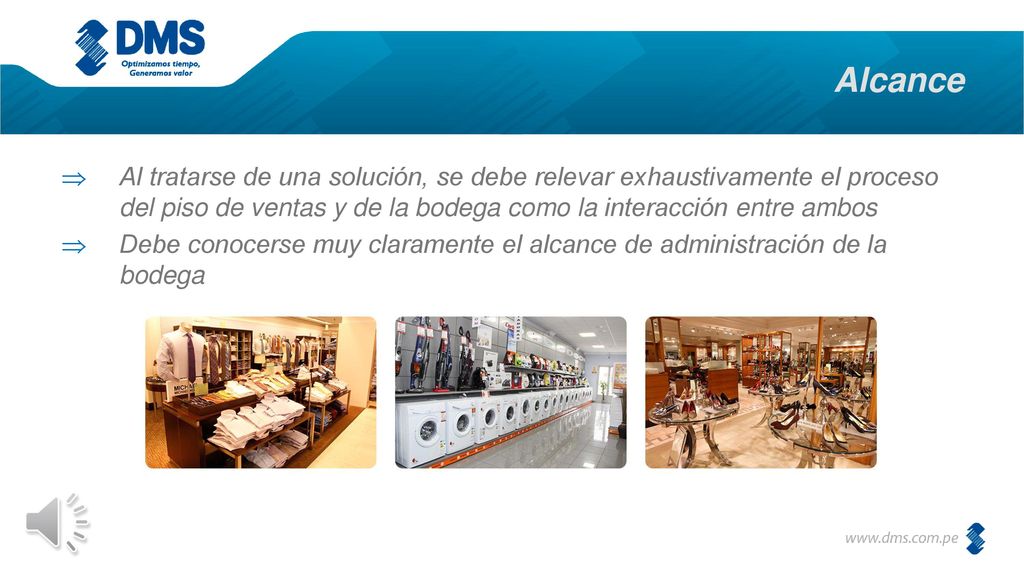 Alcance Al tratarse de una solución, se debe relevar exhaustivamente el proceso del piso de ventas y de la bodega como la interacción entre ambos.
