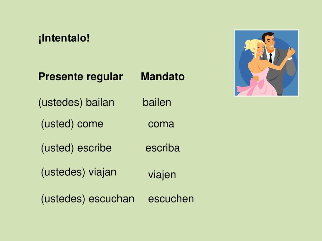 ¡Intentalo! Presente regular Mandato. (ustedes) bailan. bailen. (usted) come. coma. (usted) escribe.