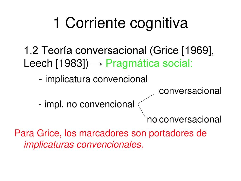 1 Corriente cognitiva 1.2 Teoría conversacional (Grice [1969], Leech [1983]) → Pragmática social: