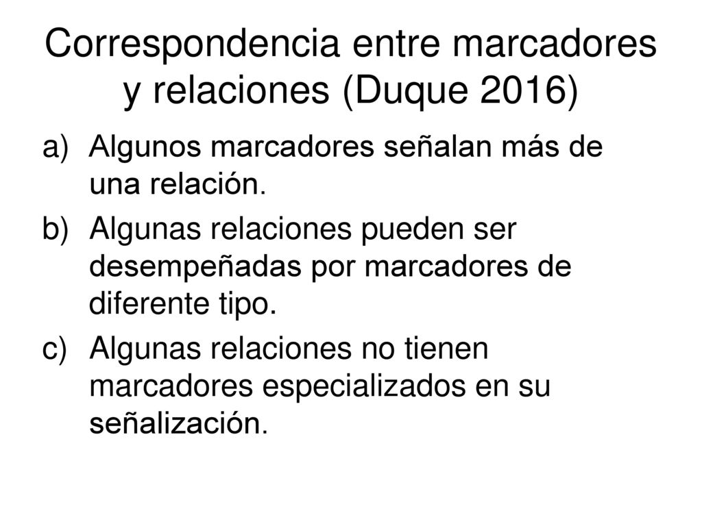 Correspondencia entre marcadores y relaciones (Duque 2016)