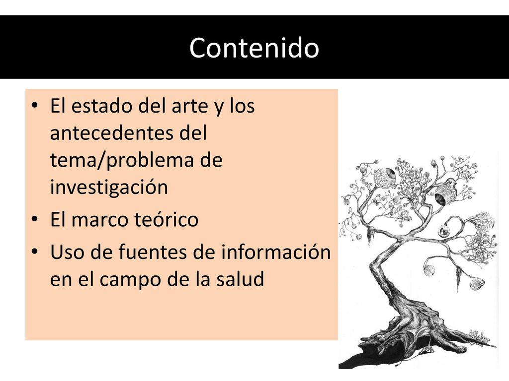 Contenido El estado del arte y los antecedentes del tema/problema de investigación. El marco teórico.
