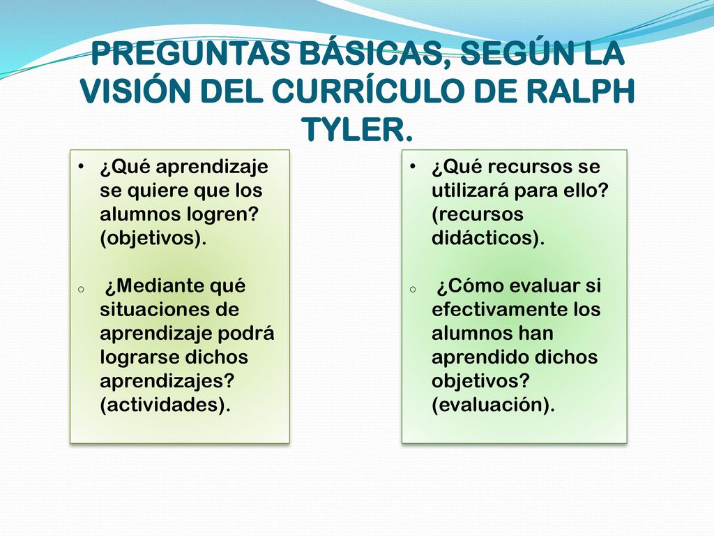PREGUNTAS BÁSICAS, SEGÚN LA VISIÓN DEL CURRÍCULO DE RALPH TYLER.