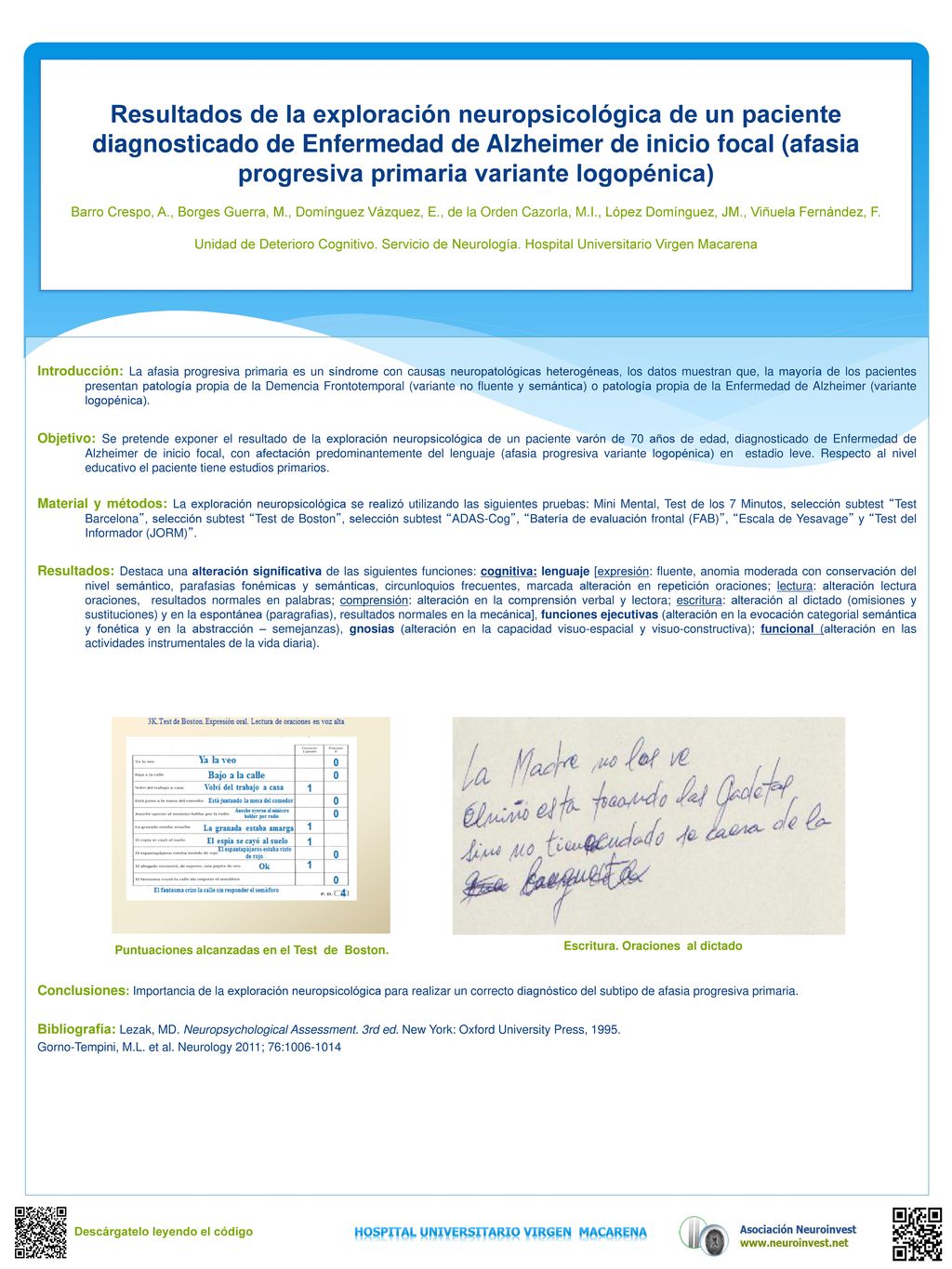 Resultados de la exploración neuropsicológica de un paciente diagnosticado de Enfermedad de Alzheimer de inicio focal (afasia progresiva primaria variante logopénica) Barro Crespo, A., Borges Guerra, M., Domínguez Vázquez, E., de la Orden Cazorla, M.I., López Domínguez, JM., Viñuela Fernández, F. Unidad de Deterioro Cognitivo. Servicio de Neurología. Hospital Universitario Virgen Macarena