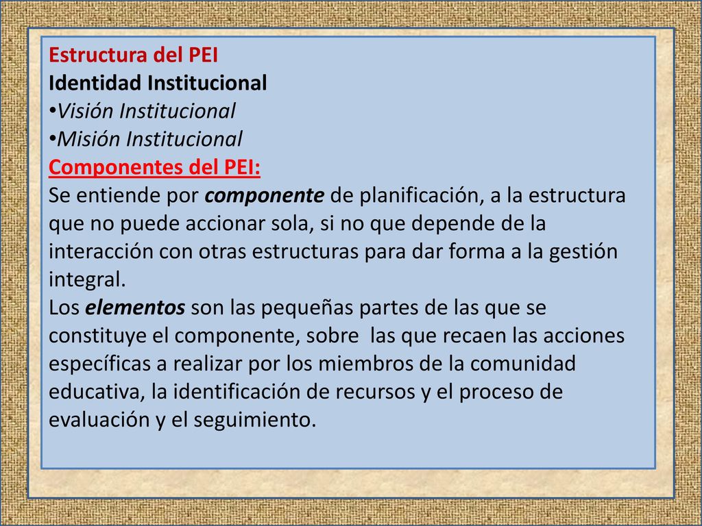 Estructura del PEI Identidad Institucional. Visión Institucional. Misión Institucional. Componentes del PEI: