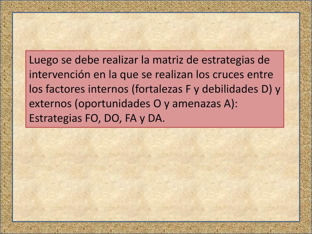 Luego se debe realizar la matriz de estrategias de intervención en la que se realizan los cruces entre los factores internos (fortalezas F y debilidades D) y externos (oportunidades O y amenazas A): Estrategias FO, DO, FA y DA.