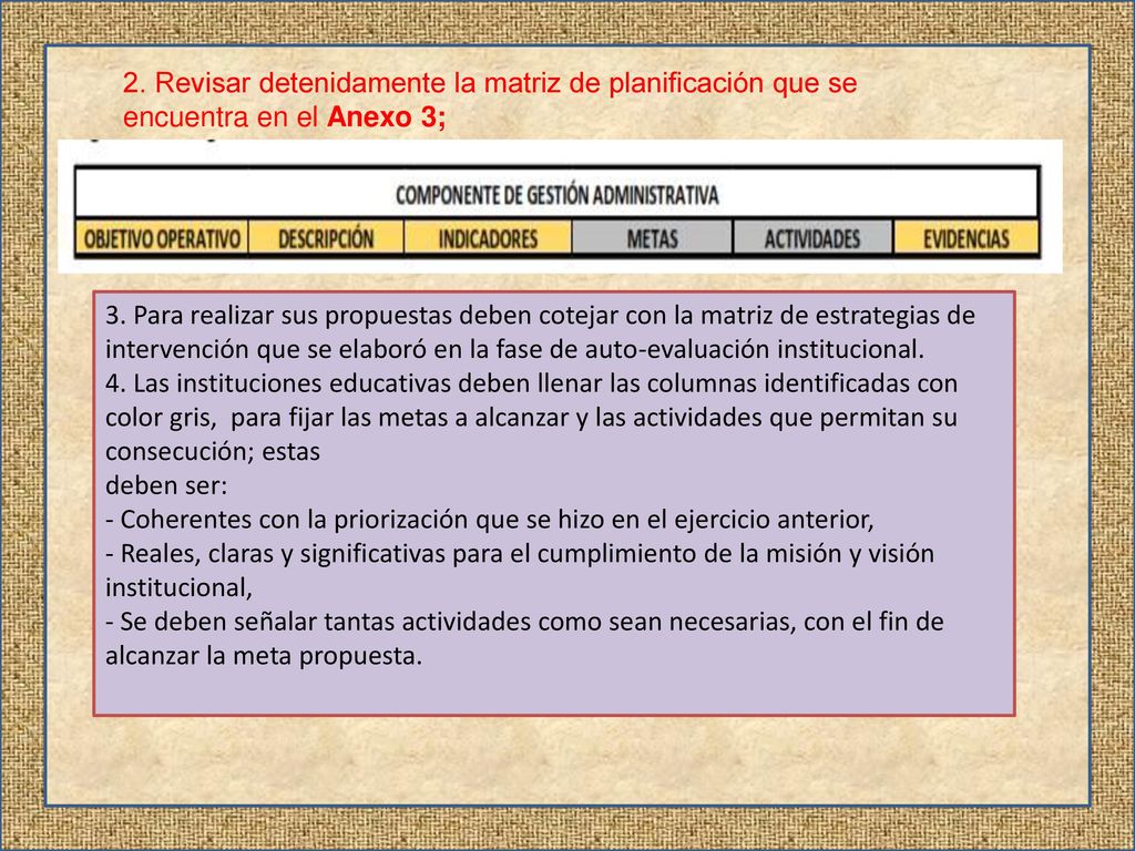 2. Revisar detenidamente la matriz de planificación que se encuentra en el Anexo 3;