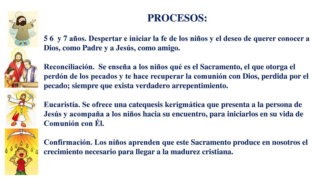 PROCESOS: 5 6 y 7 años. Despertar e iniciar la fe de los niños y el deseo de querer conocer a Dios, como Padre y a Jesús, como amigo.