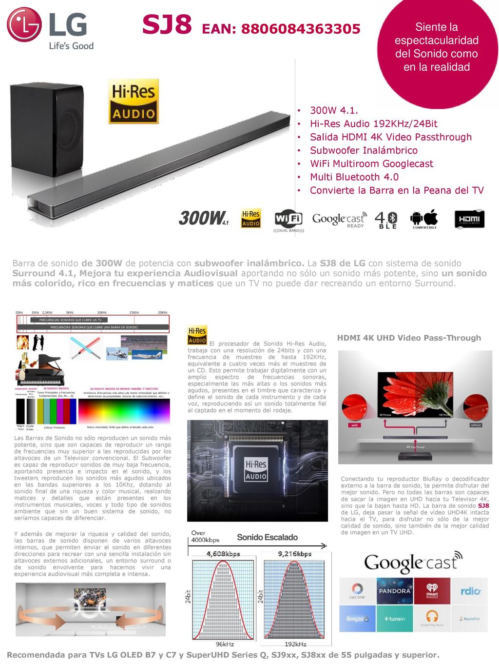 SJ8 EAN: Siente la espectacularidad del Sonido como en la realidad. 300W 4.1. Hi-Res Audio 192KHz/24Bit.