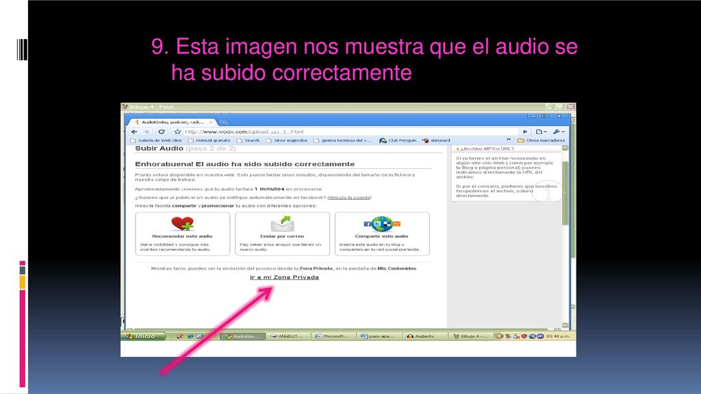 9. Esta imagen nos muestra que el audio se ha subido correctamente
