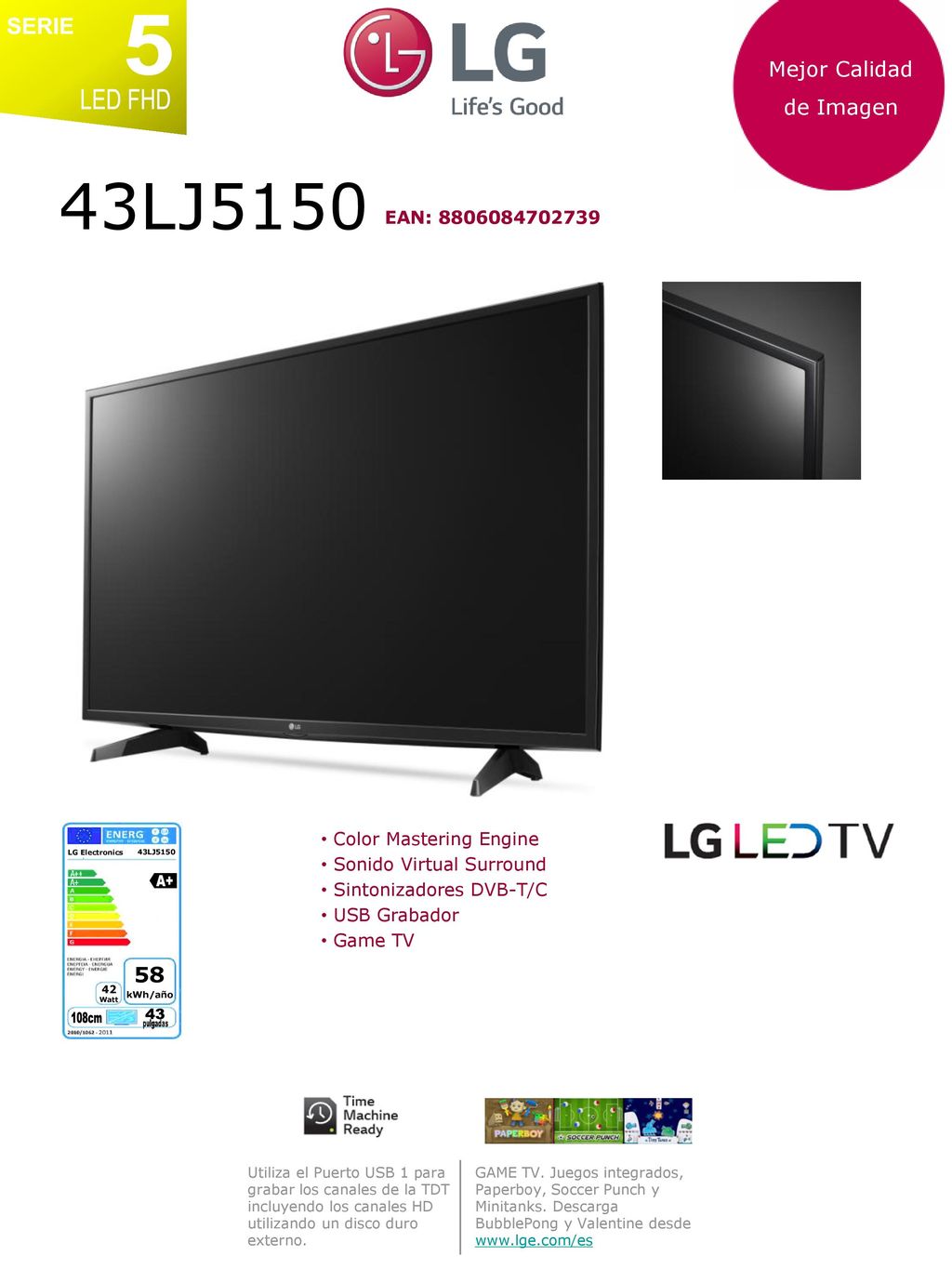 SERIE 5 LED FHD 43LJ5150 A+ 108cm 43 Mejor Calidad de Imagen 58