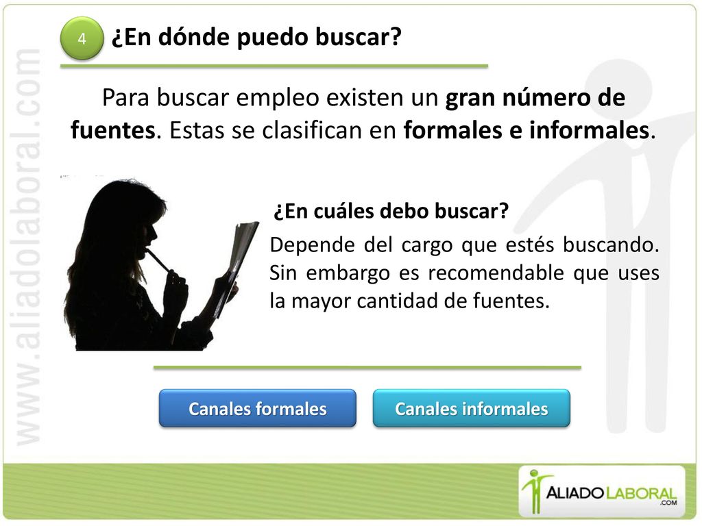 ¿En dónde puedo buscar 4. Para buscar empleo existen un gran número de fuentes. Estas se clasifican en formales e informales.