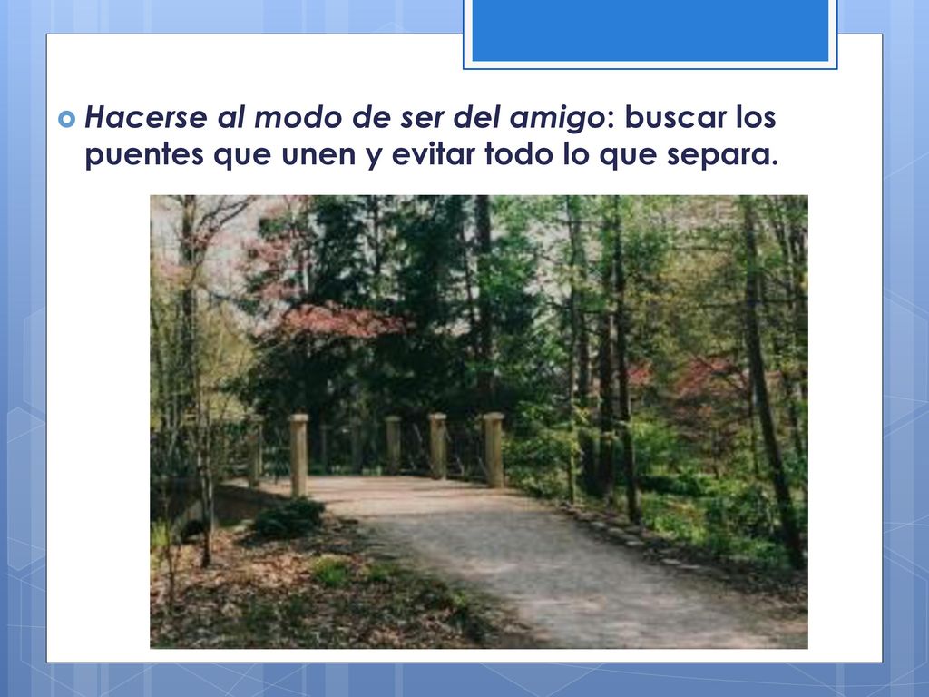 Hacerse al modo de ser del amigo: buscar los puentes que unen y evitar todo lo que separa.