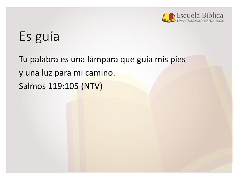 Es guía Tu palabra es una lámpara que guía mis pies y una luz para mi camino. Salmos 119:105 (NTV)