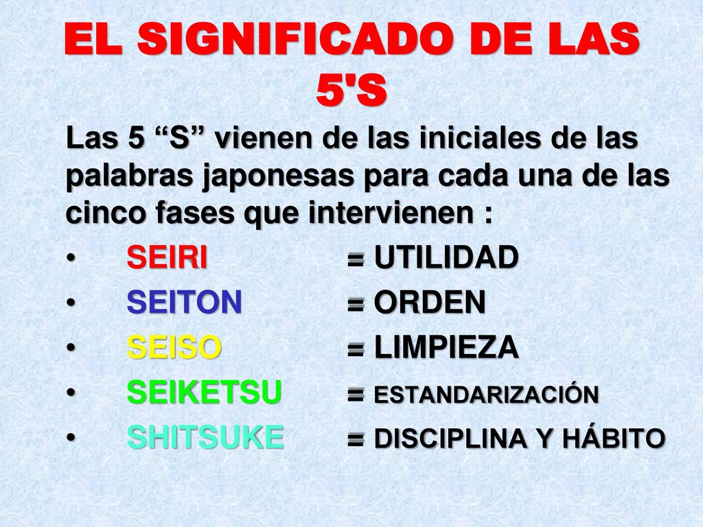 EL SIGNIFICADO DE LAS 5 S Las 5 S vienen de las iniciales de las palabras japonesas para cada una de las cinco fases que intervienen :