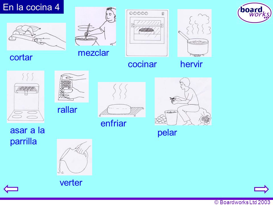 En la cocina 4 mezclar cortar cocinar hervir rallar enfriar