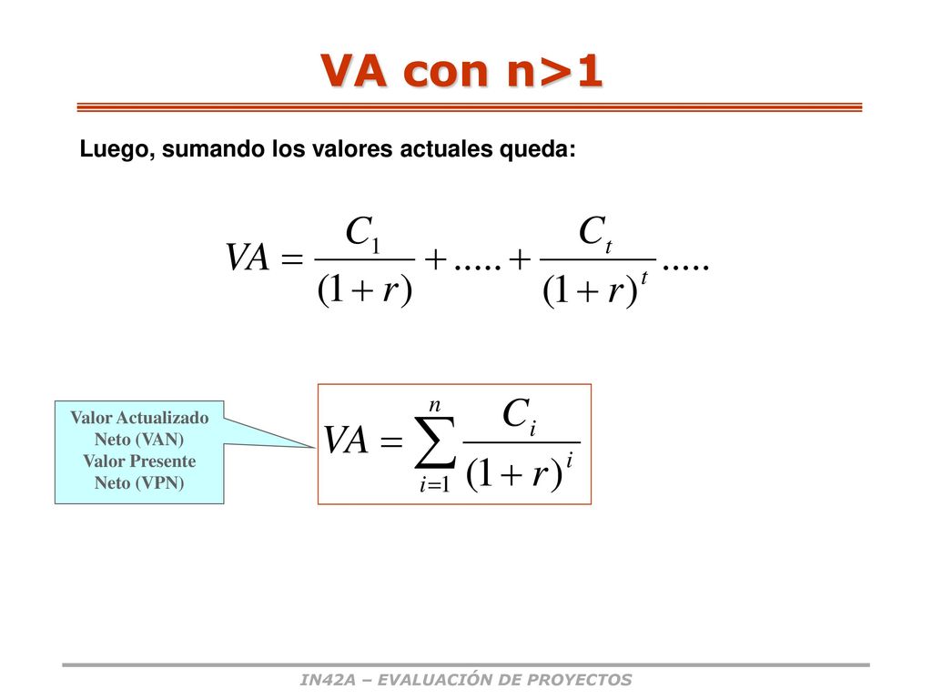 VA con n>1 Luego, sumando los valores actuales queda: