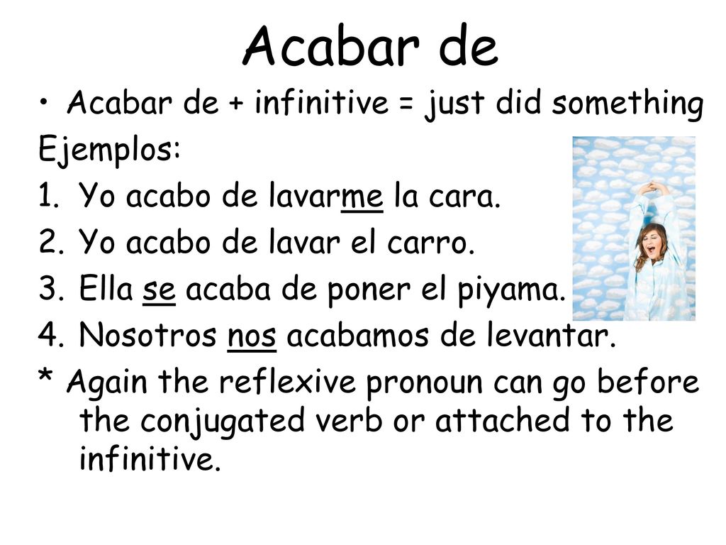 Acabar de Acabar de + infinitive = just did something Ejemplos:
