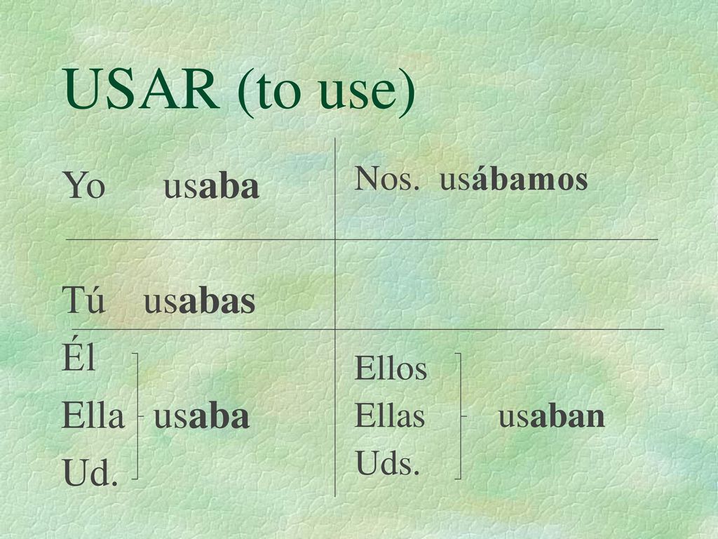 USAR (to use) Yo usaba Tú usabas Él Ella usaba Ud. Nos. usábamos Ellos