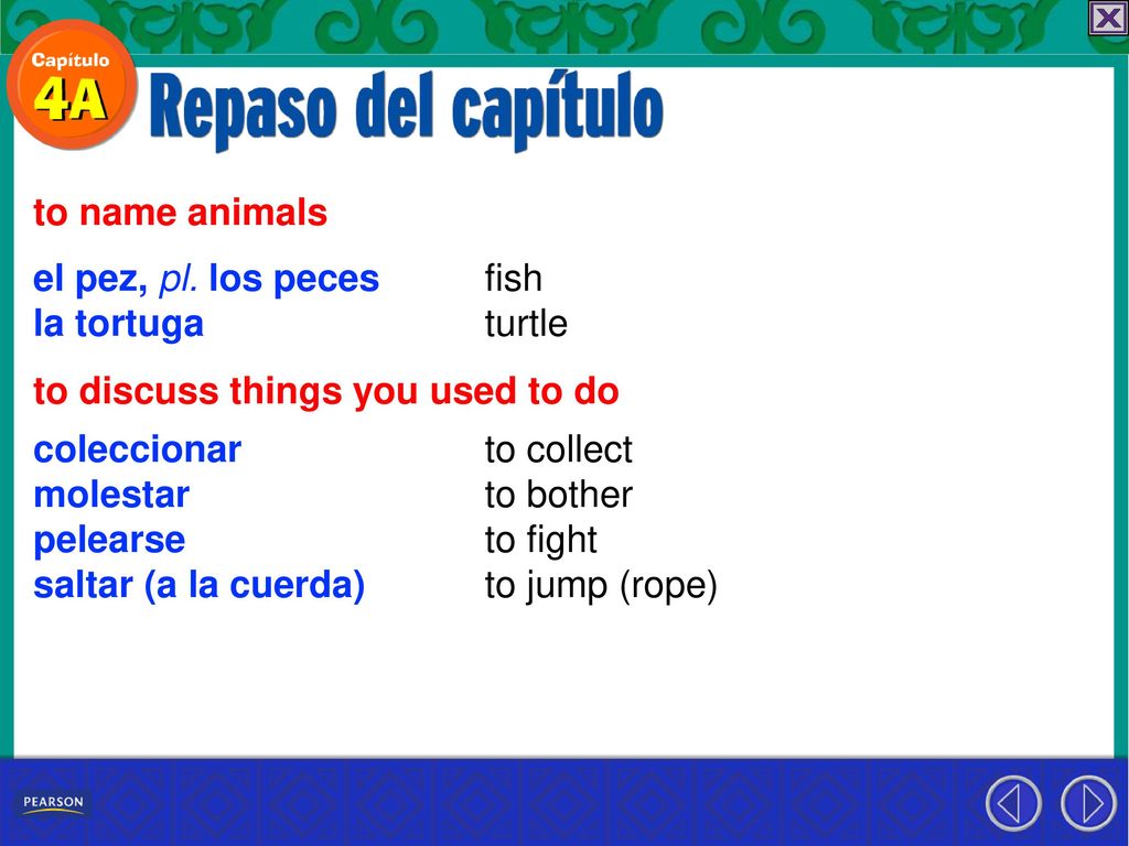 to name animals el pez, pl. los peces. la tortuga. fish. turtle. to discuss things you used to do.