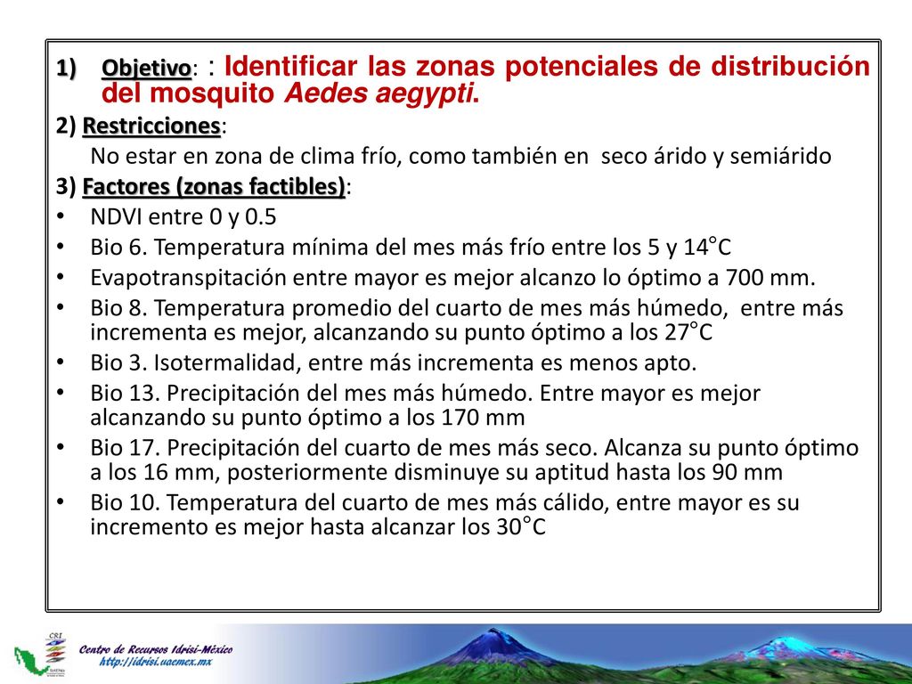 Objetivo: : Identificar las zonas potenciales de distribución del mosquito Aedes aegypti.