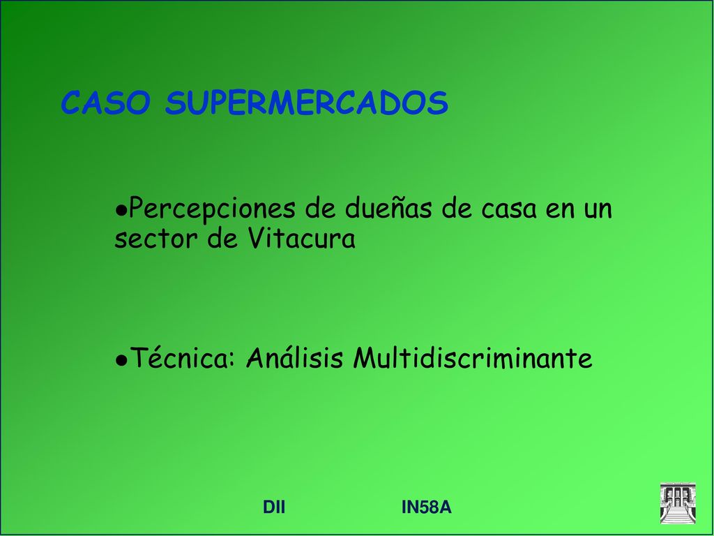 CASO SUPERMERCADOS Percepciones de dueñas de casa en un sector de Vitacura. Técnica: Análisis Multidiscriminante.