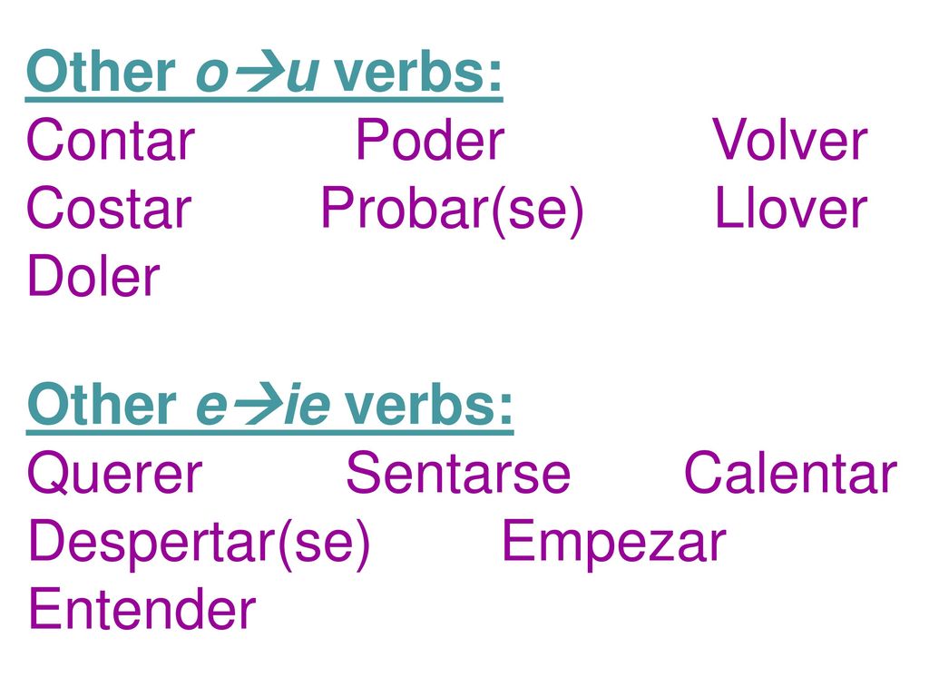 Other ou verbs: Contar Poder Volver Costar Probar(se) Llover Doler.