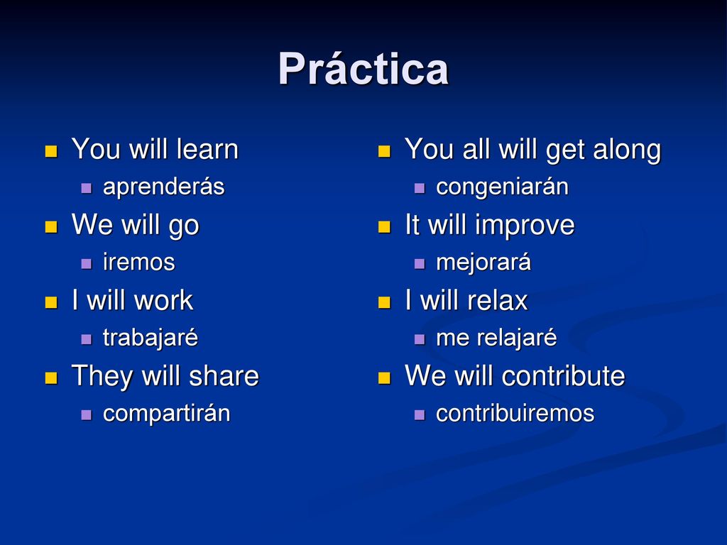 Práctica You will learn We will go I will work They will share