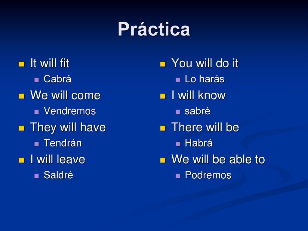 Práctica It will fit We will come They will have I will leave